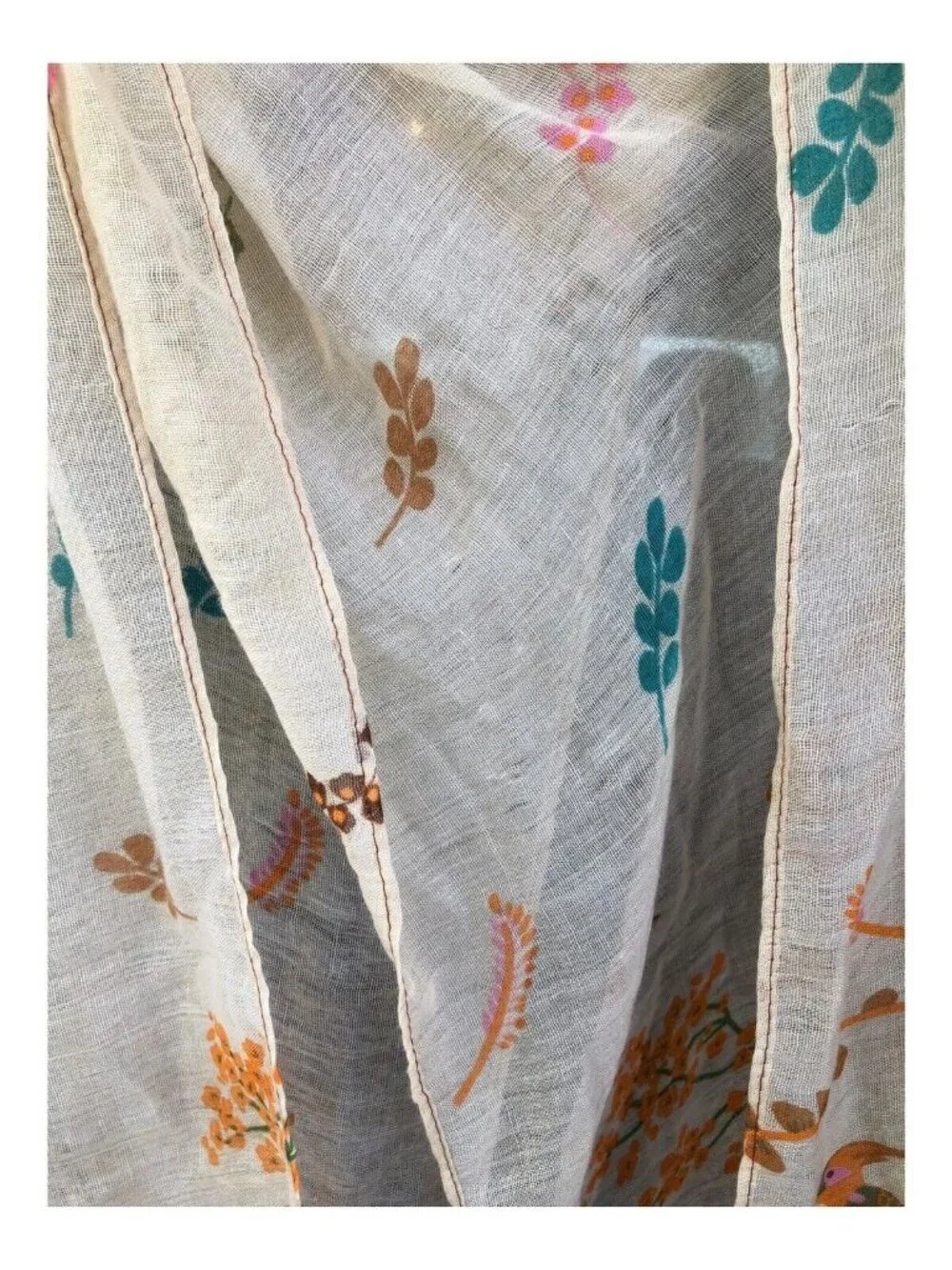 Multi Color Leaf Print Bird Accent Boho Rectangle Sheer Scarf READ